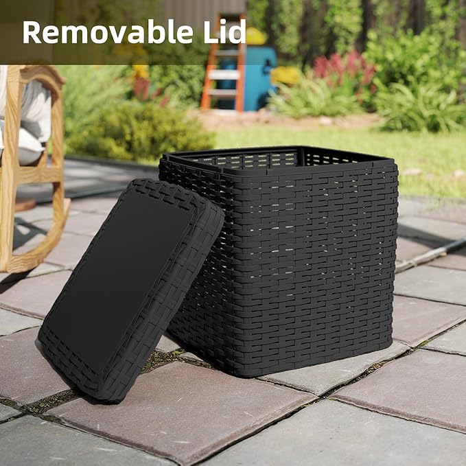 35 Gallon Outdoor Storage Box, Faux Rattan Deck Box with Removable Lid & Lockable Feature, All-Weather Waterproof Storage Bench for Poolside, Garden Tools Delivery Packages, Black