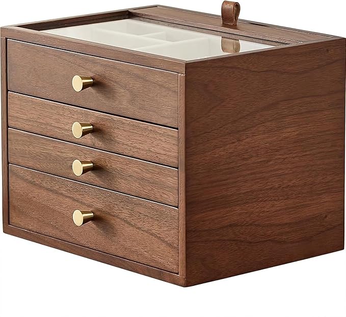 Black Walnut Wooden Jewelry Box for Women 4 Layer with Glass Lid and Pull-out Necklace Storage Layer Watch Necklace Ring Earring Storage,Christmas Gifts
