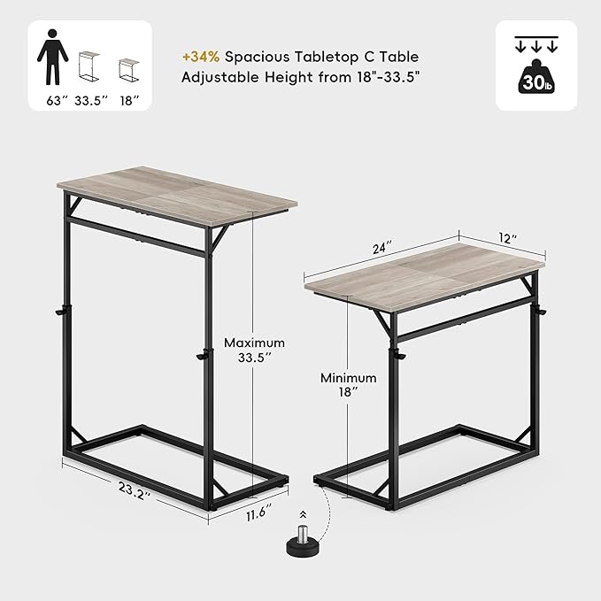 Vagusicc C Shaped End Table, 33.5"Tall Side Table for Couch, C-Table Sofa Table Adjustable Height Side Table, Large Surface Slide Under Couch Table, Coffee Table TV Tray for Living Room, Bedroom, Grey