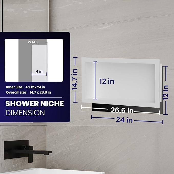 12" x 24" Stainless Steel Shower Niche, Single Waterproof Shelves, No-Tile Needed Bathroom Organizer, Rustproof Wall Shelf for Shampoo, Soap & Toiletries, White