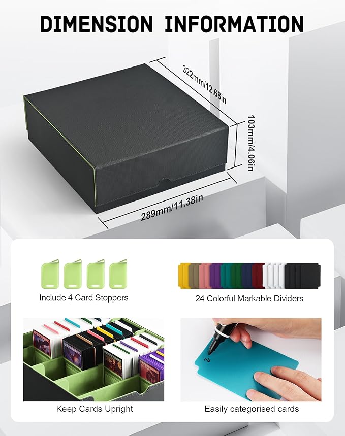 ZLCA Card Storage Box for MTG PTCG, Commander Deck Box Holds 3200+ Cards, Trading Card Storage Case with 4 Stoppers, Card Organizer for TCG Sport Cards(Black&Green)