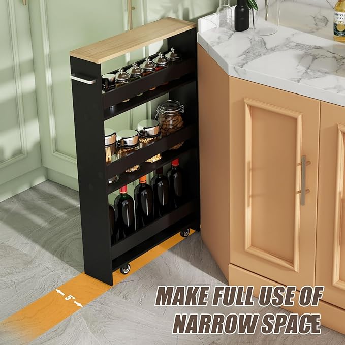 Slim Rolling Storage Cart, 4 Tier Narrow Kitchen Cart with Wheels, Between Washer and Dryer Cart, Wood Shelving Unit Organizer w/Handle for Small Spaces (Black, 5-Inch)