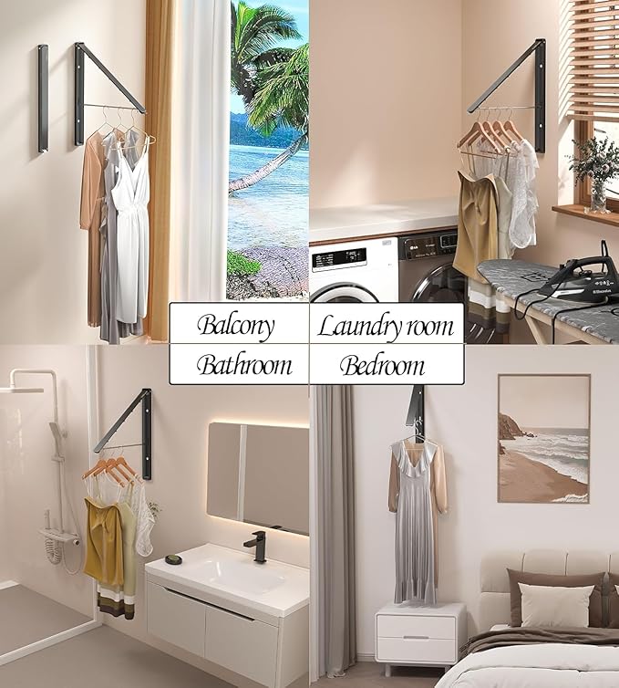 Dr.DJ Clothes Drying Rack Wall Mounted, Retractable & Foldable Clothes Hanger for Laundry Room Organization and Storage, Clothes Hanger Rack for Dorm, Closet, Balcony, Laundry Room(2Pack, Black)