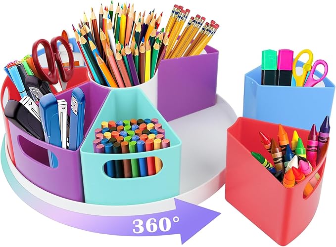 Rotating Art Supply Organizer Storage Caddy for Kids - 9 Bin Craft Crayon Marker Organizer for School Desk, Lazy Susan Pencil Holder for Classroom Organization, School Supplies