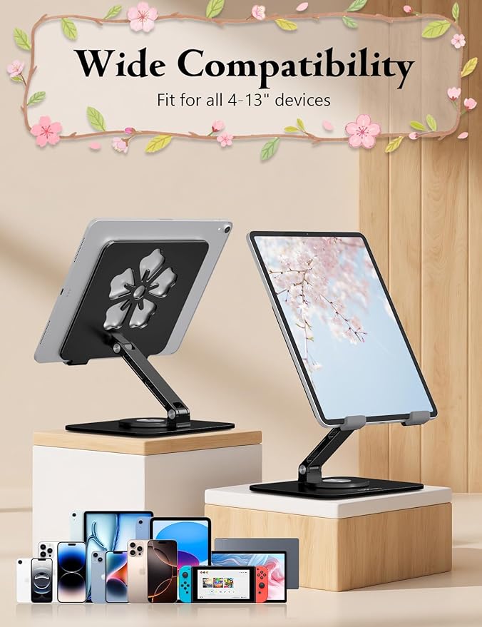 Tablet Stand for iPad, 360° Rotating Aluminum Foldable Holder – Adjustable Desk Stand | Fits iPad Pro 12.9/11,Samsung Galaxy Tab – Portable for Home, Office & Travel,Black