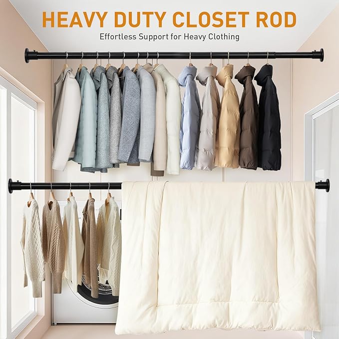 Black Adjustable Closet Rod 18-48 Inches, Heavy Duty Metal Clothes Hanging Rod, Rust-Proof Non-Slip Wardrobe Bar for Closet, Laundry Room, RV