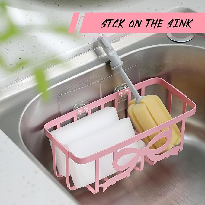 Pink Bow Sponge Holder for Kitchen Sink with Adhesive Mount Cute Bow Metal Sink Decorative In-sink Sponge Holder Organizer Coquette Preppy Pink Kitchen Decor Accessories