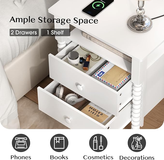 White Nightstand, Vintage Night Stand with Charging Station, Modern Bedside Table with Drawers, End Table with Solid Wood Legs, Bed Side Tables for Bedroom, White