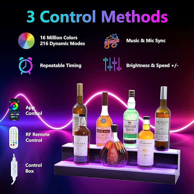 Led Lighted Liquor Bottle Display Shelf, 24 Inch 2 Tier Whiskey Rack, Support USB, Bar Stand with RF Remote & App Control, Illuminated Acrylic Lighting Shelves for Home Bar, Party
