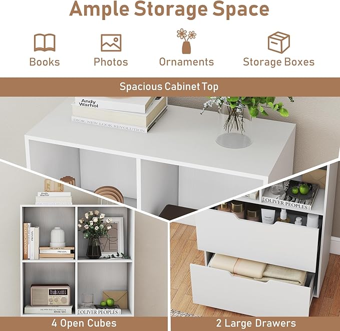 Giantex Bookcase with 2 Drawers, 51” Tall White Bookshelf w/4 Cubes, Anti-tip Kits, Freestanding Display Rack, Cubby Storage Organizer for Study, Living Room, Home Office