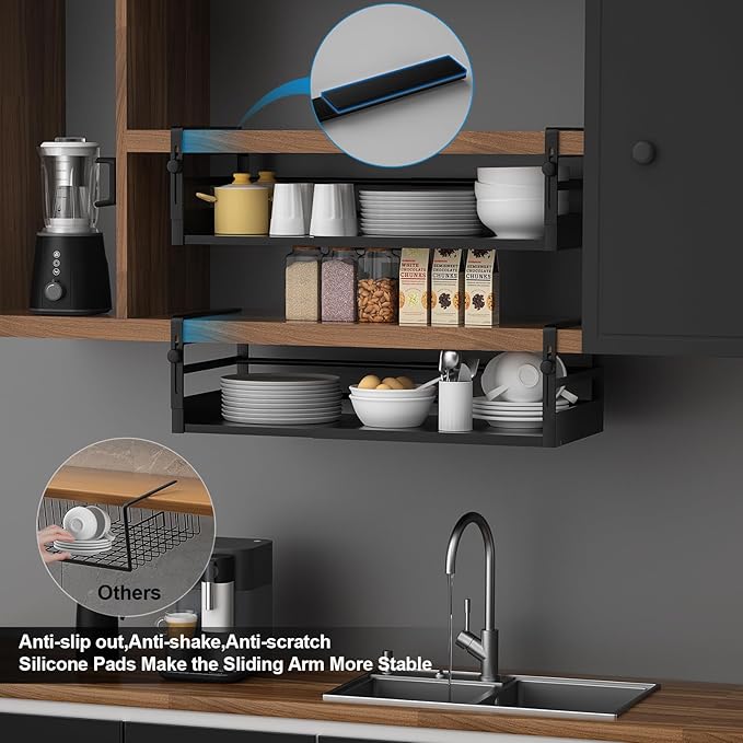 2Pack Under Shelf Basket Organizer, Adjustable Under Cabinet Shelf Storage, Hanging Holder Length Stretchable 13-21Inch for Kitchen Pantry Desk Counter Bookshelf Cupboard (Black)