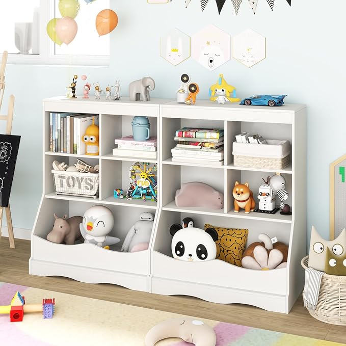 Storage Organizer, Small Bookcase w/ 4 Open Cubes & 1 Bottom Compartment, Anti-Tipping Device, Foot Pads, Low Cube Bookshelf for Bedroom, Living Room, Playroom, Study, Small Spaces (White)