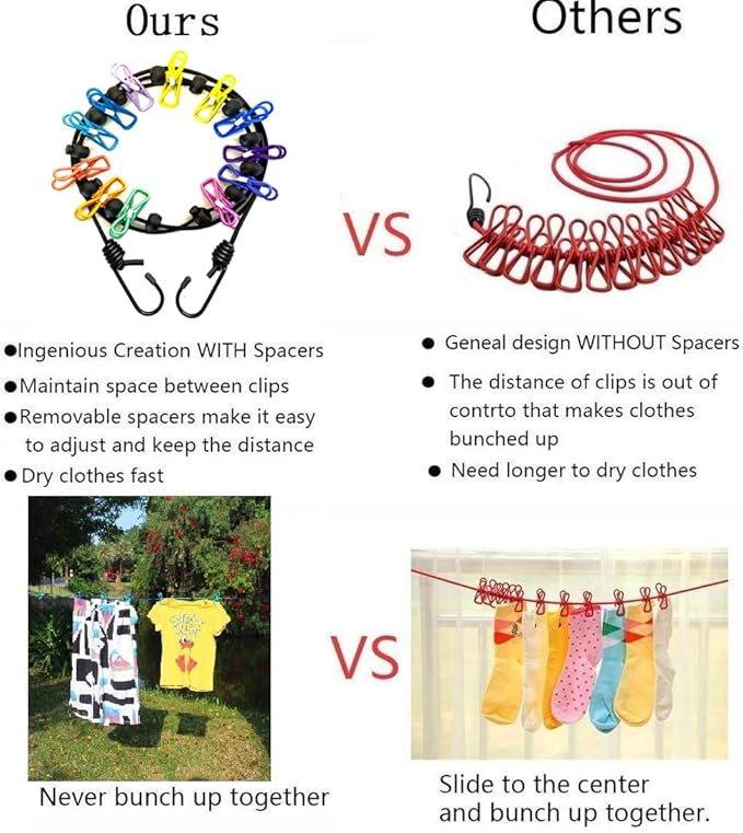 1 Pack Portable Clothesline with 12 Clothespins, Windproof Travel Clothesline Stretchy Retractable Elastic Laundry Clothes Line for Backyard, Vacation Hotel, Balcony Clothes Drying Line (Color)