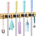 IMILLET Mop and Broom Holder Wall Mount, Bamboo Broom Hanger with 4 Racks and 5 Hooks, Laundry Room Decor, Self Adhesive Over the Door Broom Organizer, Wall Organizer for Home Garage Closet (1 Pack)