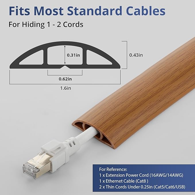 ZhiYo 5.6ft Cord Covers for Wires on Floor, Cord Hider Floor Hide Extension Cords, Soft PVC Cable Cover Cable Protector, Wire Cavity W0.62in H0.31in, Yellow Oak Wood