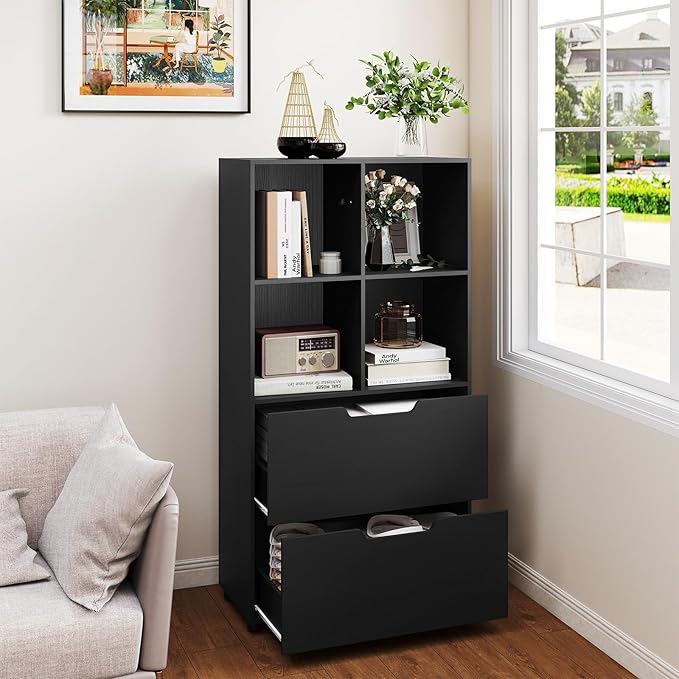 Giantex Bookcase with 2 Drawers, 51” Tall Floor Bookshelf w/4 Cubes, Anti-tip Kits, Freestanding Display Rack, Cubby Storage Organizer for Study, Living Room, Home Office, Black