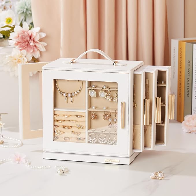Homde Christmas Gifts Jewelry Box 360° Rotating, Necklace Earring Organizer with Transparent Window, Mirror, 7 Drawers, Large Ring Display Storage Case for Girls Women (White)