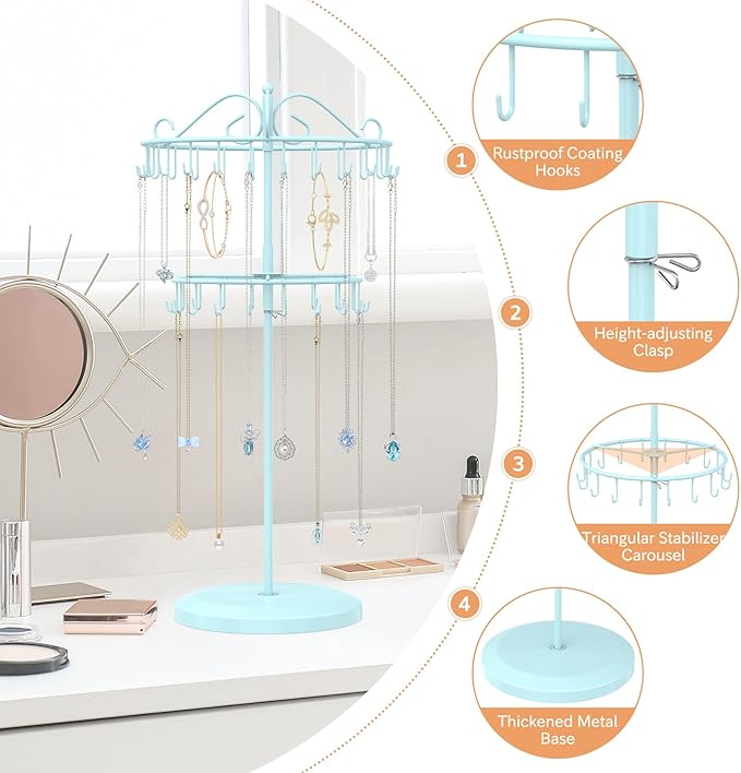 iDavosic.ly 2 Tier Rotating Necklace Holder Organizer with 42 Hooks, Adjustable Metal Bracelet Display Stand Rack, Extra Tall Keychain Spinning Tree Tower for Women, Blue