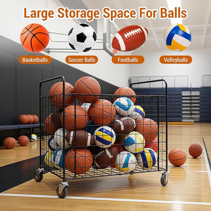 MyGift Professional Gym Metal Multi Sports Ball Storage Cart with Jumbo Industrial Wheels, Commercial Grade Portable Equipment Locker Cage for Basketball, Football, Soccer, Volleyball