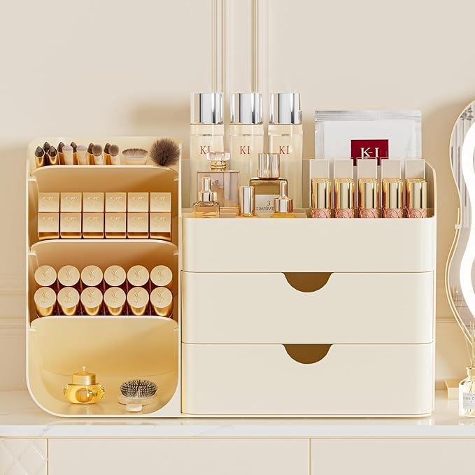 Makeup Organizer with Brush Holder for Vanity,Countertop Makeup Organizer with Drawers,Spacious Cosmetic Display Case,Perfect Storage Solution for Your Beauty Essential (All Cream, Large)