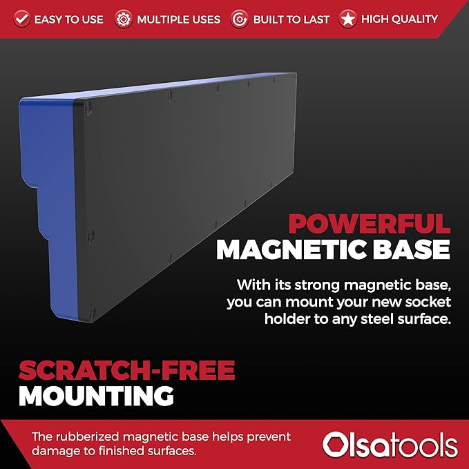 Olsa Tools Magnetic Socket Organizer (1/2-Inch Drive, 3 Row) - Magnetic Tool Organizer & Socket Holder - Tool Box Socket Organizers - Metric Blue - Holds 54 Sockets - Professional Grade - Part: 1555