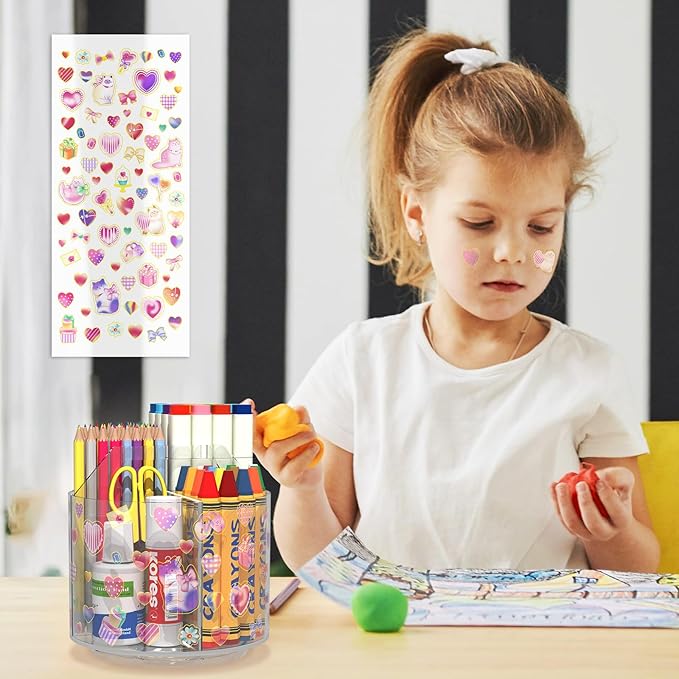Acrylic Pencil Organizer for Desk 4 Compartments with Adhesive DIY Sticker, Rotating Art Supply Organizer with Kawaii Sticker Kids, Spinning Round Marker Small Supply Caddy