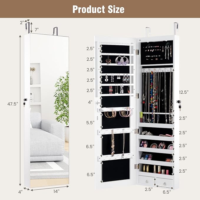 HAPPYGRILL Over the Door Jewelry Organizer, Hanging Jewelry Storage Cabinet w/Full-Length, Inner Makeup Mirror, Earring Shelves, Ring Slots, 25 Necklace Hooks, Wall Mounted Jewelry Armoire for Women