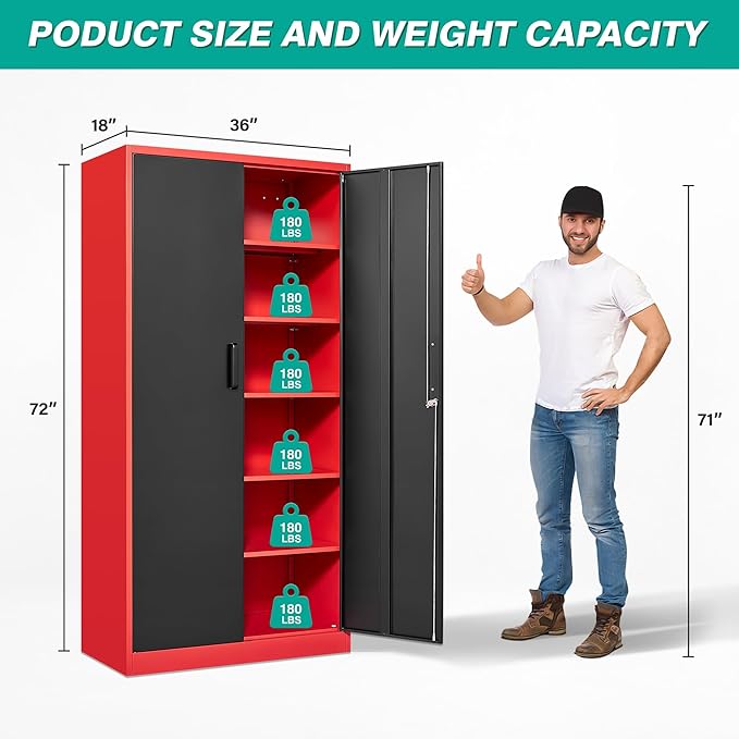 SISESOL Wide & Deep Metal Storage Cabinet with 6 Shelves,72" Tall Red Garage Storage Cabinet with Lock,Metal Cabinets with Locking Doors,Lockable Steel Cabinets for Home,Office,Shop,Garage,72x36x18