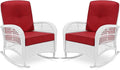 VIVIJASON 2 Piece Patio Wicker Rattan Rocker Chair, Outdoor Rattan Rocker Chair with Cushions & Steel Frame, All-Weather Rocking Lawn Wicker Furniture for Garden Backyard Porch (White Wicker/Red)