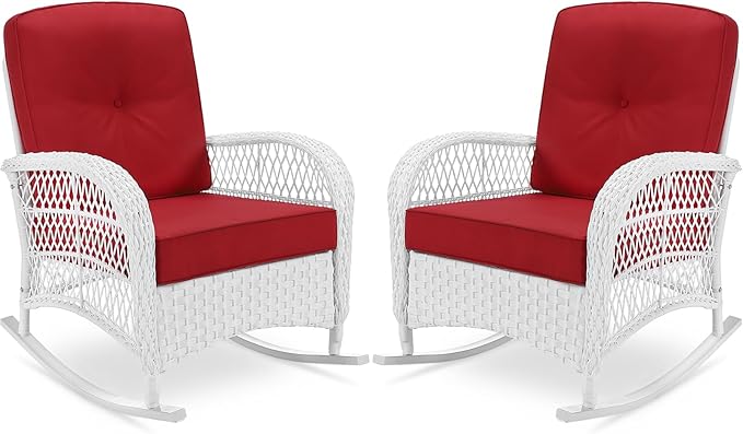 VIVIJASON 2 Piece Patio Wicker Rattan Rocker Chair, Outdoor Rattan Rocker Chair with Cushions & Steel Frame, All-Weather Rocking Lawn Wicker Furniture for Garden Backyard Porch (White Wicker/Red)