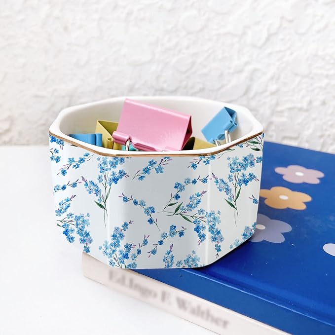 Ceramic Paper Clip Holder Gold Line Paper Clip Dispenser Organizer for Desk Cute Floral Pattern Office Binder Clip Holder Bobby Pin and Hair Clip Holder Gift for Office Blue Flowers