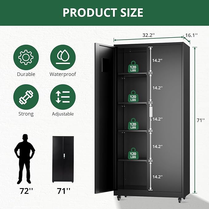 Metal Broom Closet, Garage Storage Cabinet, Tool Chest Bathroom Cabinet with Locking Doors and Wheels, 72" Tall Utility Cabinet with Hanging Rod, Freestanding Storage Cabinet for Cleaning Supplies