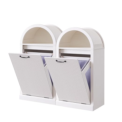 Arched Tilt-Out Trash Can Cabinet, Fluted 10 Gallon Trash Cabinet Set of 2, Modern Laundry Hamper, Hidden Garbage Can with Storage Basket for Kitchen, Living Room, White