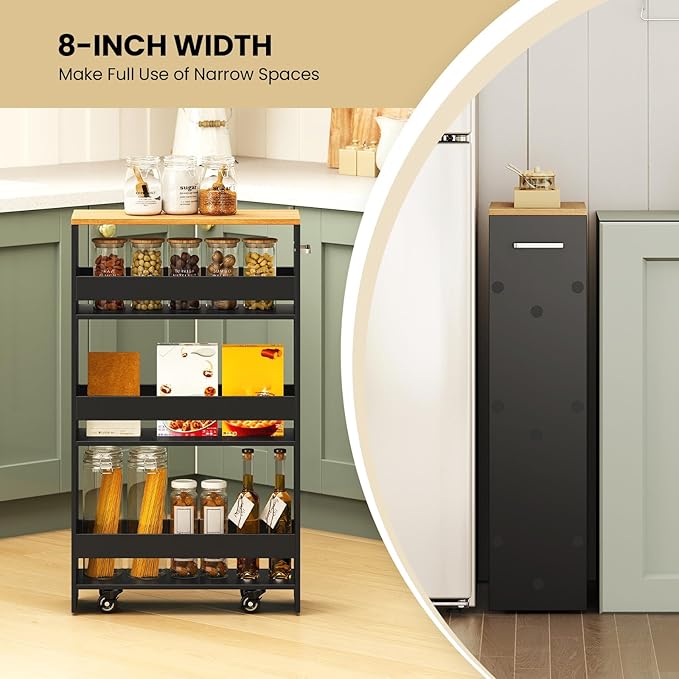 Small Kitchen Cart, 4-Tier Slim Rolling Island w/Handle, Laundry Room Storage Organizers Between Washer and Dryer, Narrow Spice Rack on Wheels Next to Fridge (Black, 8'')