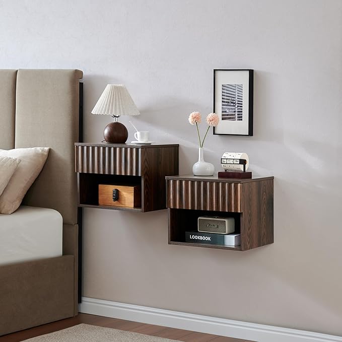 Floating Nightstand with Fluted Drawer - Modern Wall Mounted Bedside Table with Open Storage Shelf, Small Night Stand TV Stand for Bedroom(Walnut, Set of 2)