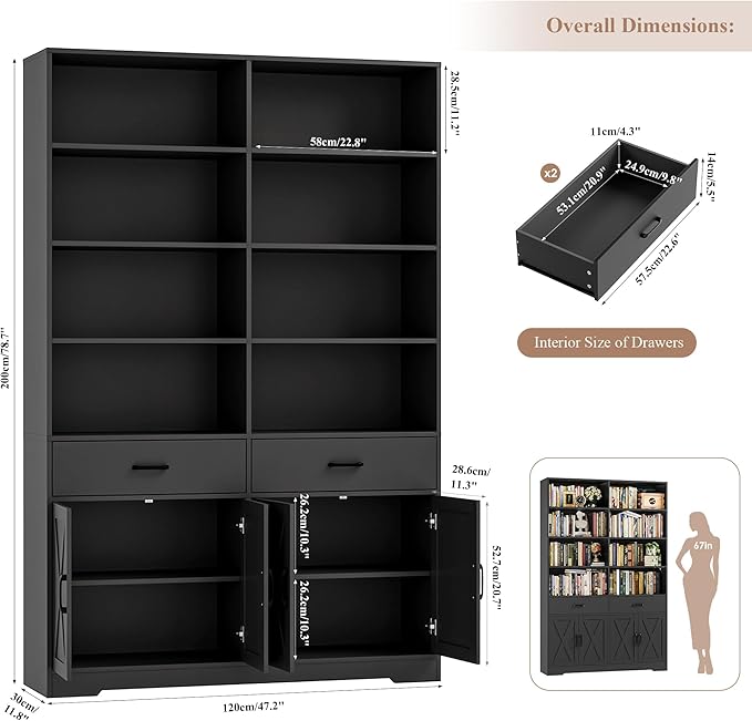 HOSTACK 78" Tall Bookshelf with Doors, Double Wide Bookshelf with Storage Drawers, Large Bookcase with Cabinet and 8 Open Display Shelves, Farmhouse Wood Bookcase Book Shelf for Living Room, Black