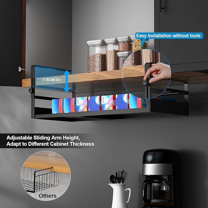 2Pack Under Shelf Basket Organizer, Adjustable Under Cabinet Shelf Storage, Hanging Holder Length Stretchable 13-21Inch for Kitchen Pantry Desk Counter Bookshelf Cupboard (Black)