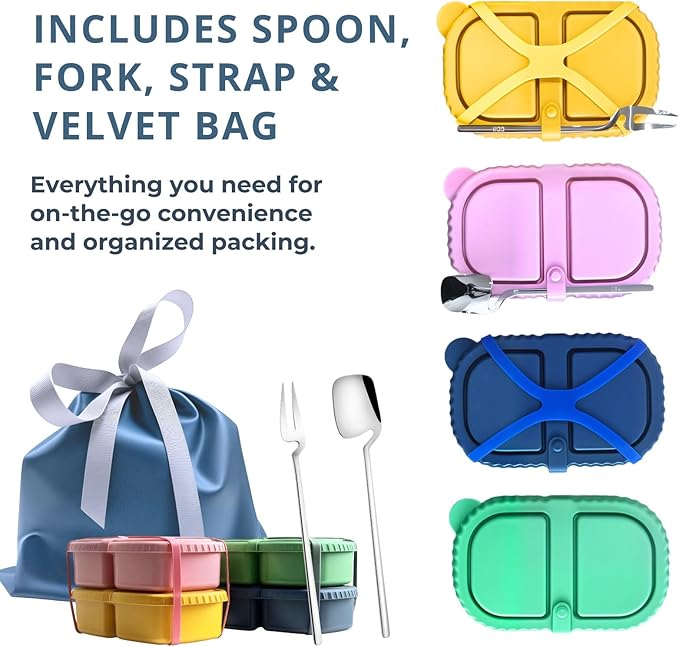 2 Pack Reusable Silicone Snack Containers with Lid, Strap, Spoon & Fork-2 Compartments Portable Mini Containers，Silicone Snack Storage Box for Picnic, Office, School(blue+green)