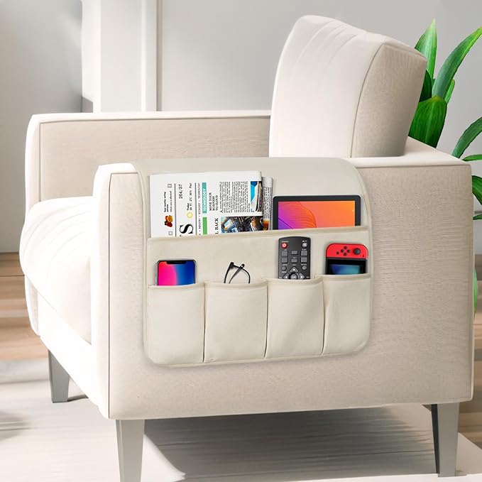 Remote Control Holder for Armchair，Couch Caddy Organizer TV Remote Holder for Bed Storage 5 Pockets，Remote Caddy Bedside Organizer Bedside Table Organizer (Beige, 35''x18'')