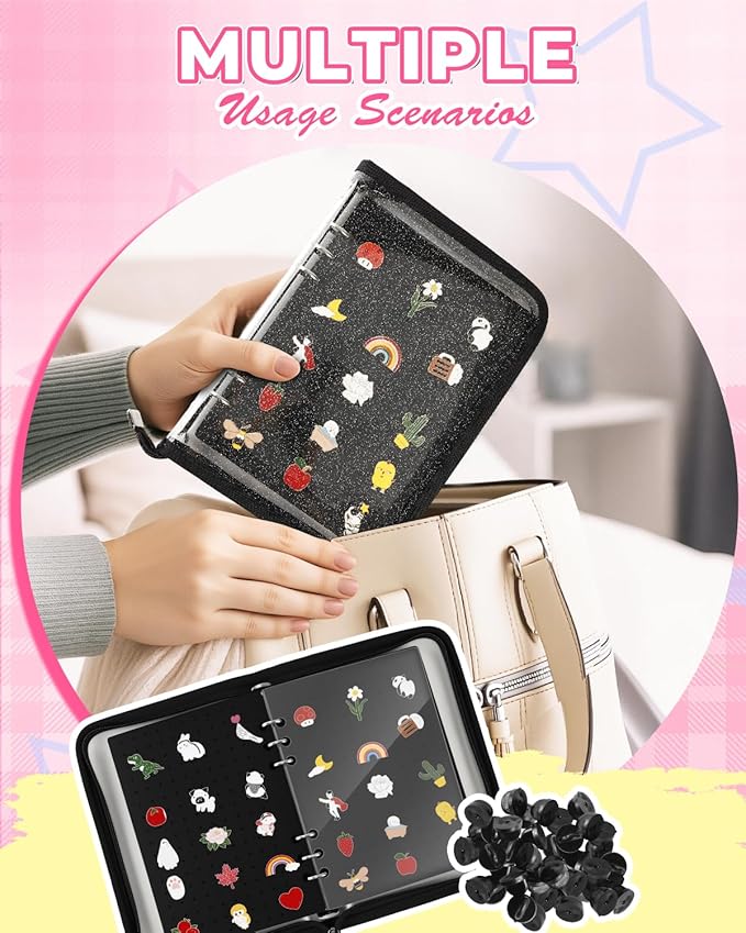 UCEC Enamel Pin Display Book & 50 PCS Rubber Pin Backs, A5 Album Pin Collection Binder for Brooch Pins, Black 6-Page Zippered Pinfolio Trading Organizer Case, Pin Storage Display Book for Enamel Badge