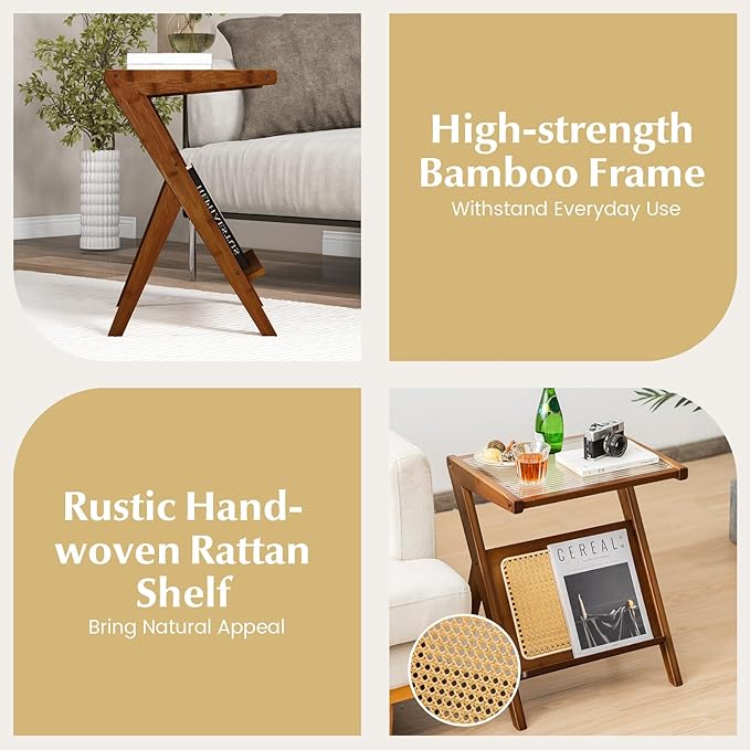 Giantex Rattan Side Table, Boho Nightstand with Glass Top & Magazine Rack, End Table with Storage, Bamboo Bedside Table for Small Space Living Room Bedroom (2, Walnut)