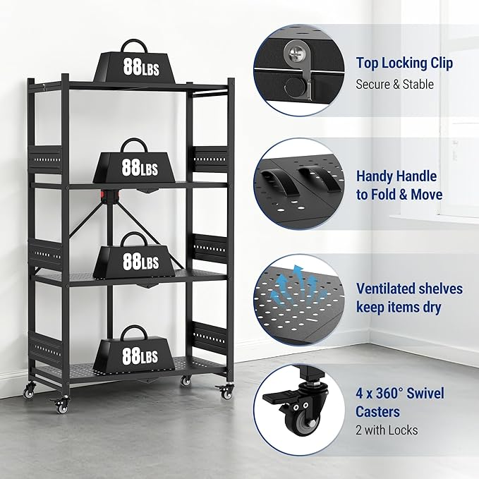 WORKPRO 4-Tier Folding Shelf, No-Assembly Metal Storage Rack with Wheels, 600 lbs Capacity (Without Wheels), Collapsible Shelving Unit for Kitchen, Pantry, Bathroom & Closet Organization