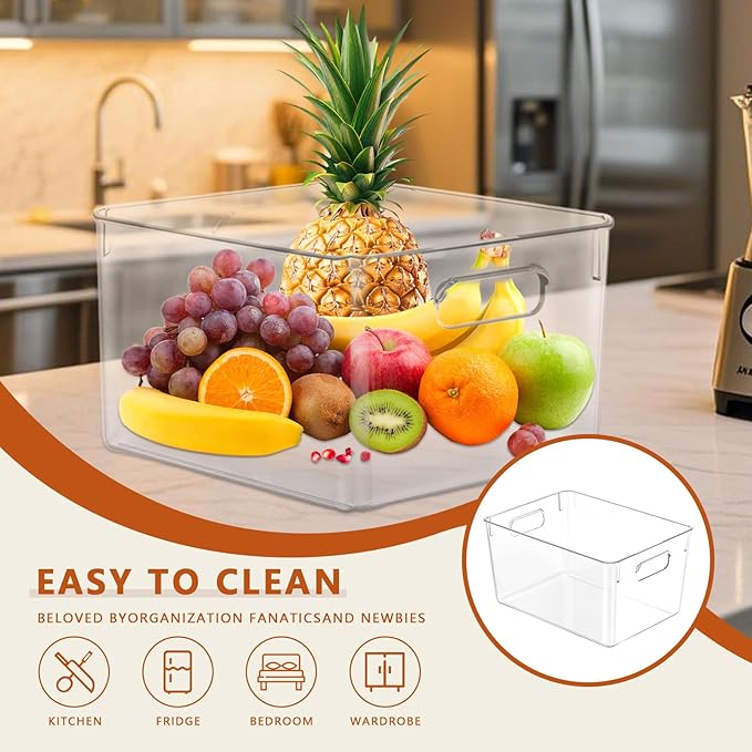 MOONEDGE Open Clear Plastic Storage Bins Stackable Organizer Containers with Handles for Kitchen, Pantry, Fridge, Cabinet, Closet Storage & Home Organization 8 Pack（11 x 8 x 6 in）
