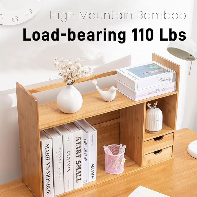 Bamboo Desktop Bookshelf 2-Tier Short Bookshelf with 2 Drawers Desk Shelf for Top of Desk Organizer Shelves Table Top Shelf Desktop Shelves for Offices & Studies (Long Style-26.77" L)