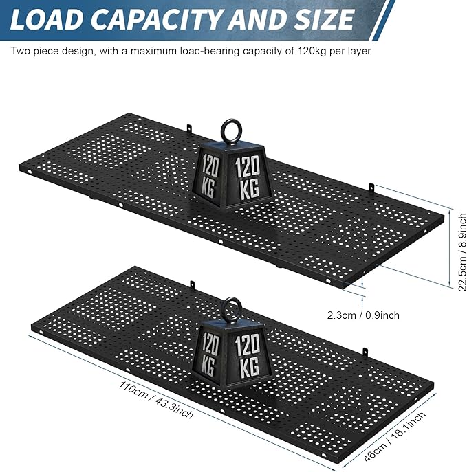 Garage Wall Shelving Heavy Duty, 43.3" Floating Shelves 264lbs Capacity, Garage Wall-Shelf with Adjustable Rails for Wood Stud and Concrete Walls, Metal Shelves for Storage Organization