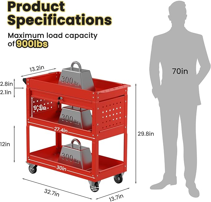 3 Tier Heavy Duty Tool Cart, Mechanic Metal Rolling Tool Cart 900 Lbs Work Carts with Locked Drawers & Pegboard for Garage Workshop