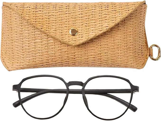 Glasses Case - Woven Straw Style Soft Box with Hook | Portable Eyewear Holder for Sunglasses, Reading Glasses, Contact Lens Accessories, Purse, Car, Desk, Nightstand, Drawer, Travel