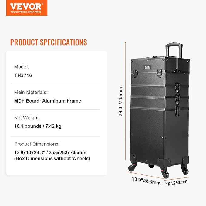 VEVOR Makeup Train Case Professional Makeup Storage Organizer Box Make Up Carrier for Women and Girls