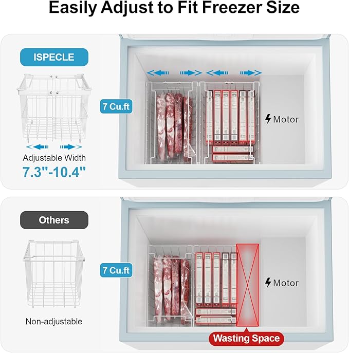 iSPECLE Chest Freezer Organizer Bins - Fit 5 to 9 Cu.FT, 6 Pack Large Adjustable Freezer Organizer Bins for Deep Freezer, Easy Access & Stackable Chest Freezer Organizer Hold More Food, White