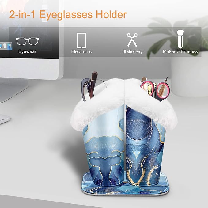 Fintie Plush Lined Double Eyeglasses Holder with Magnetic Base, Glasses Stand Case Organizer for Desk, Nightstand, Office, Ocean Marble